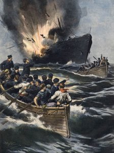 Ein deutscher Dampfer explodierte zwischen Sizilien und der tunesischen Küste. Die Besatzung hatte Zeit, sich in Booten zu entfernen. Ill. von Beltrame. La Domenica del Corriere. 06/1909.