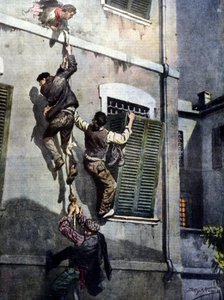Eine gewagte Flucht von vier Insassen aus dem Gefängnis von Asti nach dem Durchbruch durch die Mauer. Zeichnung von Beltrame. La Domenica del Corriere. 1902.