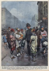 Eine Gruppe von Frauen-Giraffen aus Burma fragt einen englischen Polizisten in London nach dem Weg, sie sind mit Turban, Tunika, Ringen um Hals und Beine gekleidet. Illustration von Achille Beltrame in 