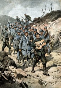 Ein glücklicher Held. Nachdem er vierzig Österreicher und eine Gitarre in einer Höhle gefangen genommen hatte, marschierte Soldat Buoncompagni an der Spitze der Gruppe von Gefangenen singend. Ill. von Beltrame. La Domenica del Corriere. 10/1917 von Achille Beltrame