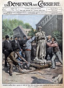Eine vom Staat für 450.000 Lire gekaufte Statue wird nach Rom gebracht und an Minister Rava übergeben. Ill. von Beltrame. La Domenica del Corriere. 10/1909. von Achille Beltrame