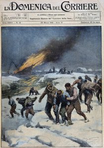 Nach der Explosion des Walfängers „Viking“, der tragische Marsch der Besatzung auf der Suche nach Rettung: Dieses Boot (im Hintergrund in Flammen) trug eine Filmexpedition - gezeichnet von A. Beltrame in „la Domenica del Corriere“ vom 29.03.1931