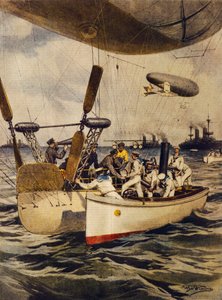 Luftschiffe versorgen Schlachtschiffe während ihrer Reise von Achille Beltrame