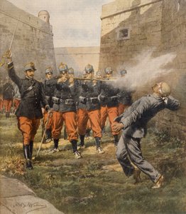 Tod des Anarchisten Francesco Ferrer durch Erschießungskommando im Gefängnis von Barcelona, von Achille Beltrame, Illustration, aus La Domenica del Corriere, Oktober 1909 von Achille Beltrame