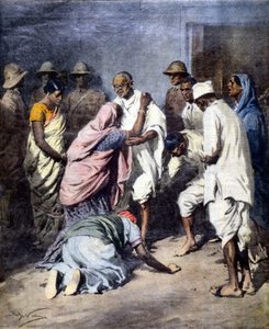 Verhaftung von Mahatma Gandhi (1869 - 1948). Ill. von Achille Beltrame. La Domenica del Corriere. 1932
