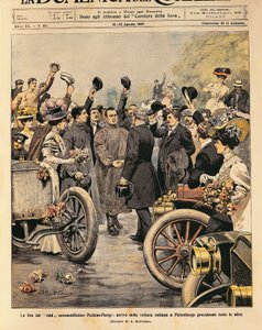 Ankunft in Sankt Petersburg des italienischen Siegerautos (Itala 35/45 HP gefahren von Scipione Borghese und Ettore Guizzardi), Ende des Paris-Peking Autorennens, Illustration von Achille Beltrame aus La Domenica del Corriere, 11.-18. August von Achille Beltrame