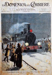 Ankunft des neuen Jahrhunderts, Menschen begrüßen das neue Jahrhundert mit Freude, Illustration von Achille Beltrame (1871-1945), aus La Domenica del Corriere, 6. Januar