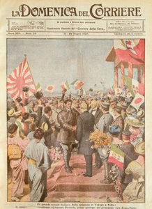 Arturo Ferrarin, Langstreckenflieger, wird in Tokio als erster Ankömmling auf der Route Rom-Tokio begrüßt, Illustration von Achille Beltrame von Achille Beltrame