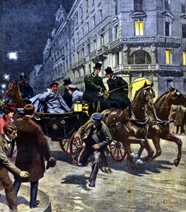 Attentat auf den deutschen Kaiser Wilhelm II. während seiner Kutschfahrt zum Bahnhof von Bremen am Abend des 6. März 1901 (Illustration von Beltrame, La Domenica del Corriere, 17. Juni 1901)