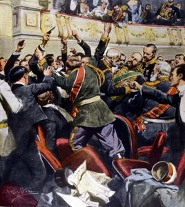 Attentat auf den russischen Minister Stolypin im Stadttheater von Kiew (Illustration von Beltrame)