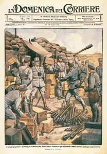 Österreichische Barbaren bereiten sich auf die Offensive am unteren Isonzo vor, Illustration aus La Domenica del Corriere, 23. Juli von Achille Beltrame
