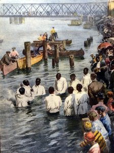 Taufzeremonie im Cedar River in Iowa (USA) von schwarzen Mitgliedern der Church of God Sekte. Ill. von A. Beltrame. La Domenica del Corriere von Achille Beltrame