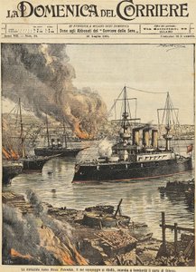 Schlachtschiff Potemkin bombardiert Odessa, von Achille Beltrame, Illustration, Illustrator Achille Beltrame, aus La Domenica del Corriere von Achille Beltrame