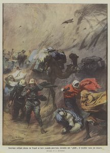 Militärkarawanen auf dem Weg von Tripolis zu den Forts, die Vorräte transportieren, vom schrecklichen Ghibli-Sturm getroffen von Achille Beltrame