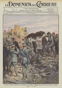 Katastrophales Erdbeben in den Abruzzen und in Kampanien, der König beobachtet den Transport der Verletzten von Achille Beltrame