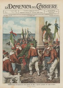 Gedenkfeier zum fünfzigsten Jahrestag der Expedition der Tausend, die überlebenden Garibaldianer am Felsen von Quarto von Achille Beltrame