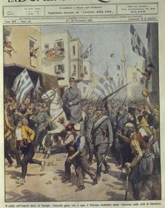 Titelillustration der siegreichen griechischen Armee beim Einzug in Thessaloniki während des Niedergangs des türkischen Reiches von Achille Beltrame