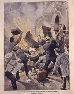 Titelillustration von Winzern, die das Rathaus von Beziers während der Aufstände in Frankreich in Brand setzen