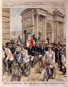 Radfahrerparade am Friedensbogen, Feier des Italienischen Touring Clubs in Mailand, Italien, Illustration von Achille Beltrame aus La Domenica del Corriere, 4. Juni von Achille Beltrame