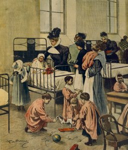 Verteilung von Weihnachtsgeschenken an arme Kinder im Krankenhaus, Illustration von Achille Beltrame von Achille Beltrame