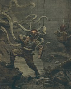 Taucher wird während eines Tauchgangs von einem riesigen Oktopus angegriffen, von Achille Beltrame, Illustration, Illustrator Achille Beltrame (1871-1945), aus La Domenica del Corriere, 25. Oktober 1908