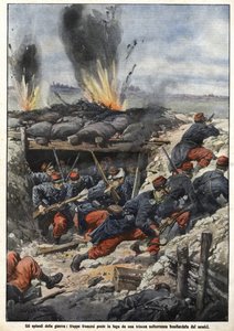 Episode des Krieges von 1914: Französische Truppen in den Schützengräben werden von Feinden bombardiert. "La Domenica del Corriere"