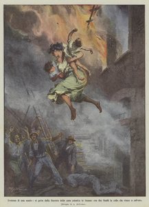 Heldentat einer Mutter, sie springt mit zwei Kindern aus dem Fenster des brennenden Bauernhauses von Achille Beltrame