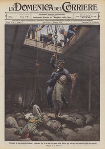 Heldentat auf einem italienischen Dampfer, Kapitän lässt sich in einen verseuchten Laderaum hinab, um zwei...