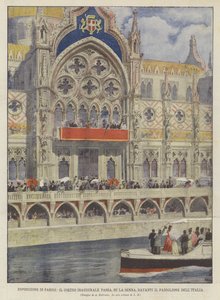 Ausstellung in Paris, der Eröffnungszug passiert auf der Seine den Pavillon von Italien