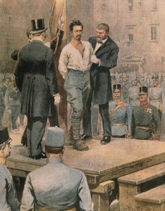 Hinrichtung von Cesare Battisti in Trento, von Achille Beltrame, Illustration, Illustrator Achille Beltrame (1871-1945), aus La Domenica del Corriere, Juli 1916