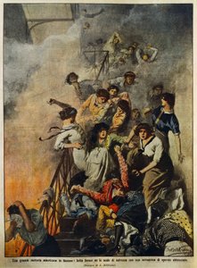 Feuer in großer amerikanischer Textilfabrik: Arbeiter auf Treppenhaus, Illustration von Achille Beltrame, aus La Domenica del Corriere, 10. August