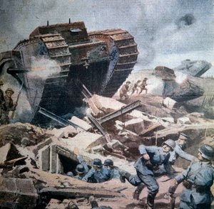 Angriffe englischer Panzer in der Picardie (Illustration von Achilles Beltrame aus La Domenica del Corriere 1916) von Achille Beltrame