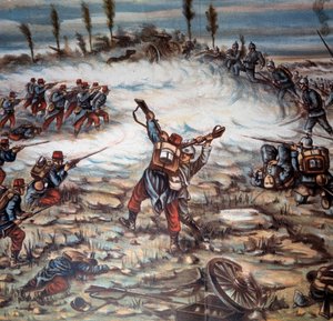 Erster Weltkrieg (1914-1918): Eine Schlacht zwischen den französischen und deutschen Streitkräften zwischen Altkirch und Mülhausen am 21.08.1914. Illustration von Achille Beltrame (1871-1945). Private Sammlung