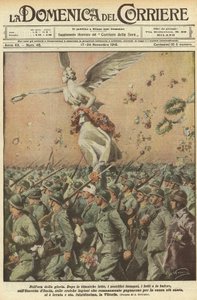 Erster Weltkrieg 1918 - Italien im Krieg. Tag des Sieges. In der Stunde des Ruhms. Nach einem titanischen Kampf, den immensen Opfern, den Toten, den Stürmen, hat die Armee Italiens, die heldenhaften römischen Legionen, die für die heiligste Sache kämpften, von Achille Beltrame