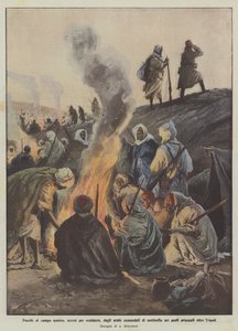 Feuer im feindlichen Lager, von den Arabern entzündet, um sich zu wärmen, die als Wachen in den vorgeschobenen Posten jenseits von Tripolis stationiert sind von Achille Beltrame