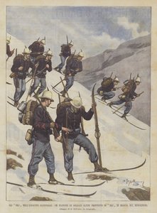 Ein Zug von alpinen Soldaten mit SKJ marschiert auf dem Moncenisio von Achille Beltrame