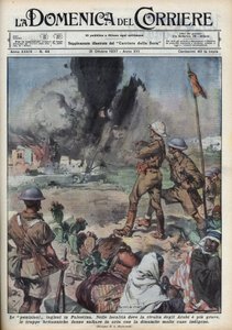 Große Arabische Revolte von 1936-1939 in Palästina: Aufstand der palästinensischen Araber für die Schaffung eines unabhängigen Staates in Palästina gegen die britische Autorität. Die Engländer sprengten palästinensische Häuser. Illustration von Achille Bel von Achille Beltrame