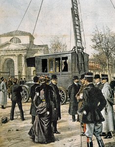 Guglielmo Marconi beobachtet in Mailand den Test der ersten mobilen Radiostation. Illustration von Achille Beltrame für „Domenica del Corriere“ (1906). Gravur