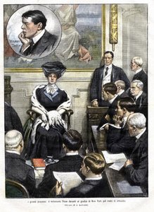Harry Thaws Prozess in New York 1907. Harry Thaw, Sohn einer Familie von Großindustriellen, tötete 1906 den Architekten Stanford White, den ehemaligen Liebhaber seiner Frau Evelyn. Titelbild der „Domenica del Corriere“ vom 3. März 1907. Illustration von Ac von Achille Beltrame