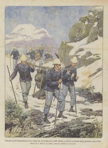 Die Alpini-Soldaten Transportieren Auf Die Spitze Des Rocciamelone (3537 Meter) Die Bronzestatue Der ? von Achille Beltrame