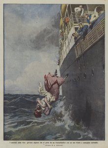 Die Dramen des Lebens, junge Frau springt mit ihrem Kind von einem Transatlantikschiff und beide ertrinken von Achille Beltrame