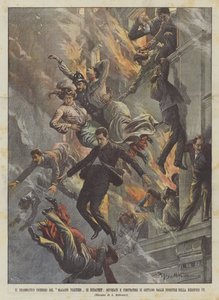Der dramatische Brand des Magasin Parisien in Budapest, Angestellte und Käufer springen aus den Fenstern von Achille Beltrame