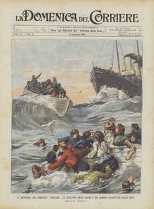 Das Schiffswrack des Dampfers Ckallam, die Rettungsboote der Frauen und Kinder werden von den Wellen verschlungen von Achille Beltrame