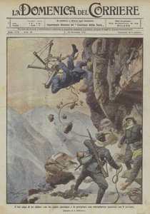 Der schöne Schlag eines Alpini, der mit einer Schlinge ein österreichisches Maschinengewehr und seinen Bediener ergreift und stürzt von Achille Beltrame