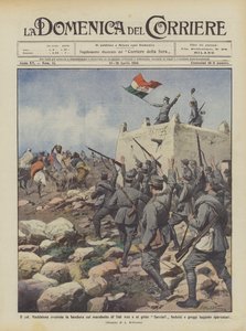 Il col Maddalena hisst die Flagge auf dem Marabut von Sidi Aziz und ruft Savoia! von Achille Beltrame