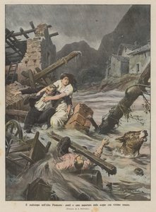 Das schlechte Wetter im oberen Piemont, Brücken und Häuser von den Wassermassen mit menschlichen Opfern weggerissen von Achille Beltrame