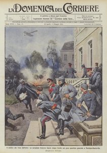 Der Feind aus der Luft, ein französisches Flugzeug wirft fünf Bomben auf das Hauptquartier von Achille Beltrame