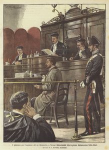 Der Prozess wegen der Ermordung des Grafen Bonmartini in Turin, das emotionale Verhör des Mörders Tullio Murri von Achille Beltrame