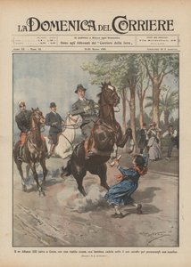 König Alfons XIII. rettet in Ceuta ein Mädchen, das unter sein Pferd gefallen ist von Achille Beltrame