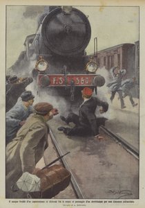 Die Kaltblütigkeit eines Bahnhofsvorstehers, legt sich zwischen die Schienen beim Durchfahren eines Schnellzugs von Achille Beltrame